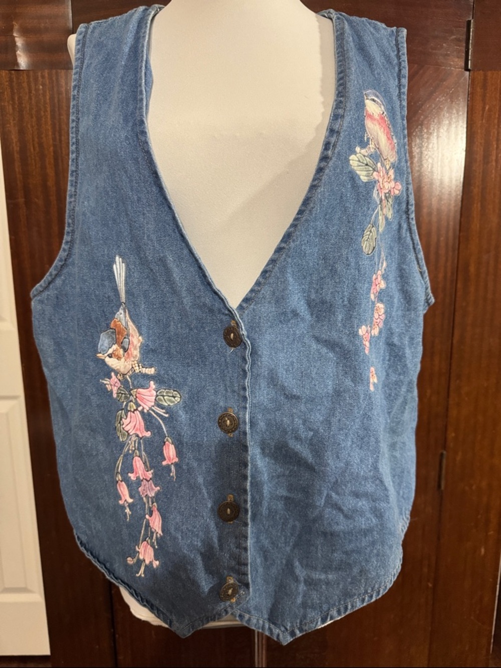 Vintage Denim printed Bird & Pink Floral Button Vest